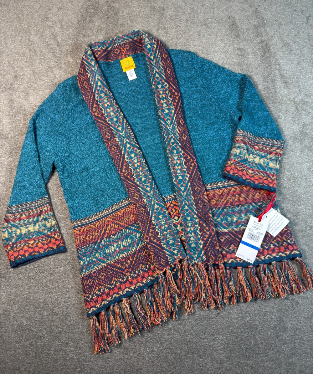 Ruby Rd Bohemian Cardigan Size XL Teal Aztec Festival Southwestern Fringe NWT